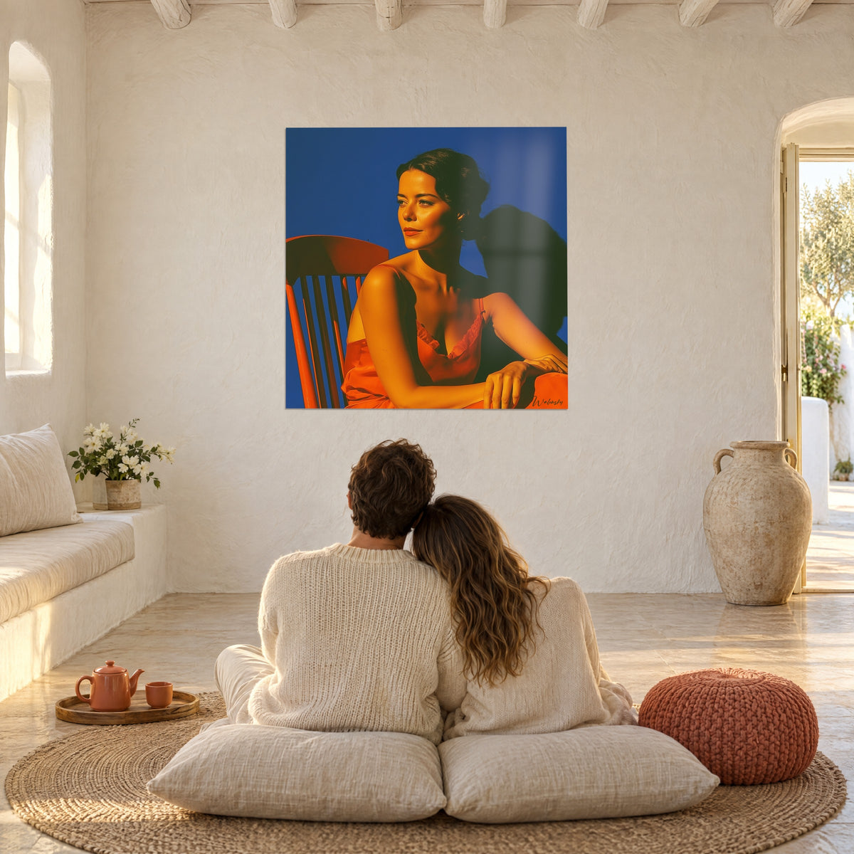 Tableau jeune femme à la peau cuivrée, nuisette corail et chaise vermillon sur bleu, face à un couple assis sur des coussins