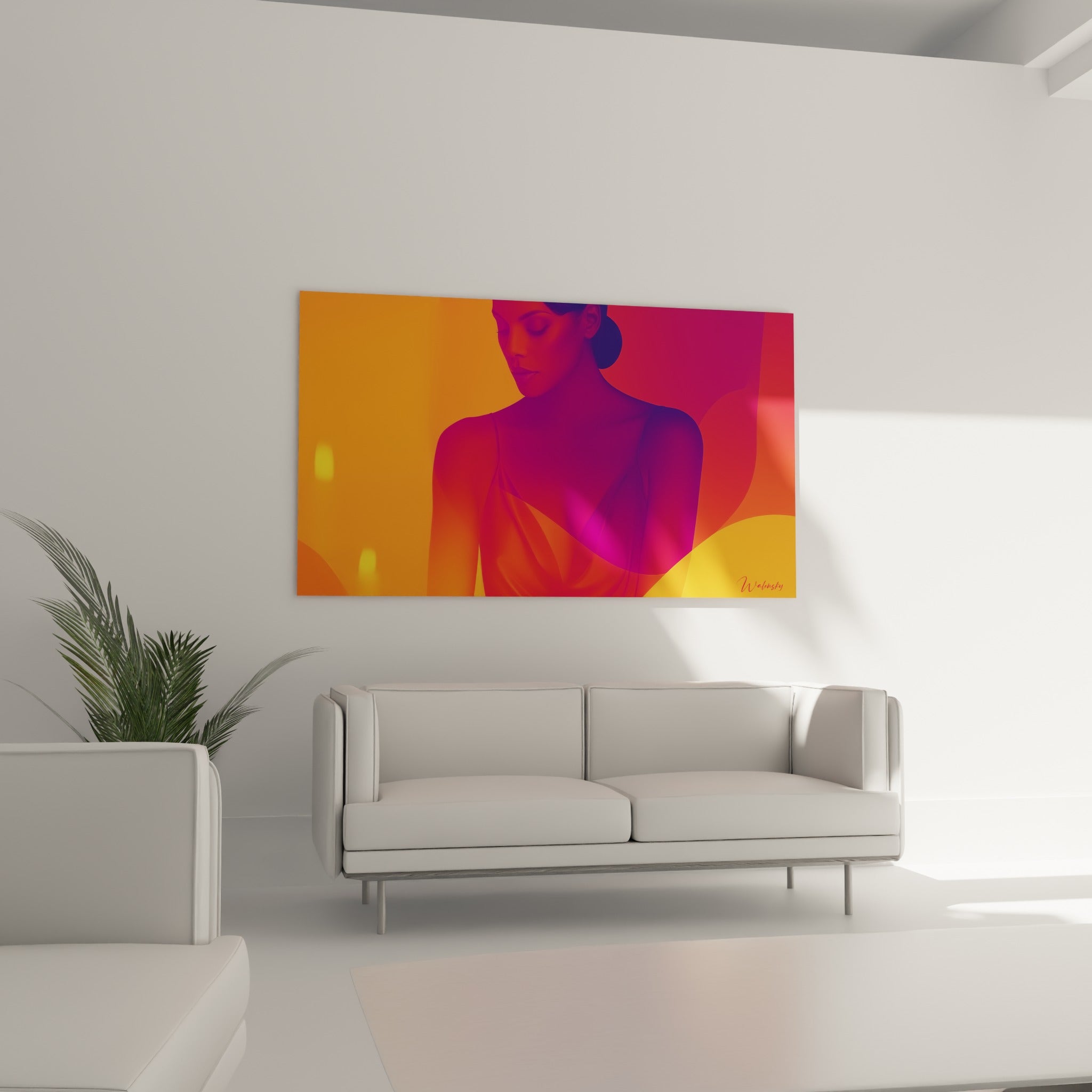 Buste dénudé dans des dégradés orange et magenta, au-dessus d'un canapé dans un salon lumineux