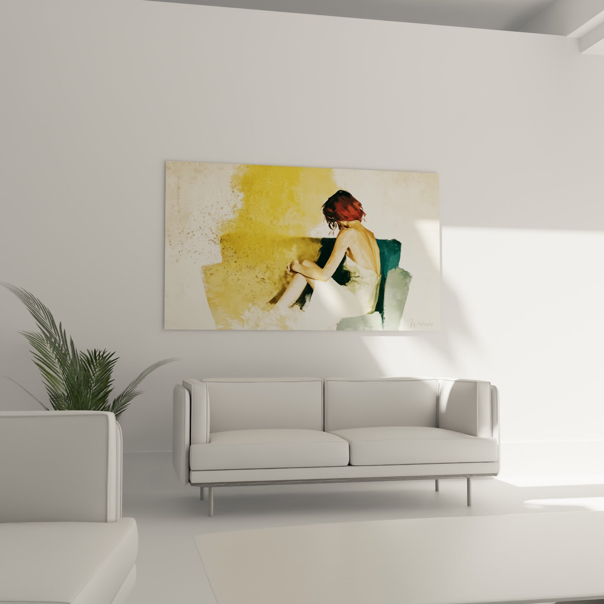 Dos dénudé et chevelure cuivrée peints en tons chauds, tableau sexy au-dessus d'un canapé dans un salon lumineux
