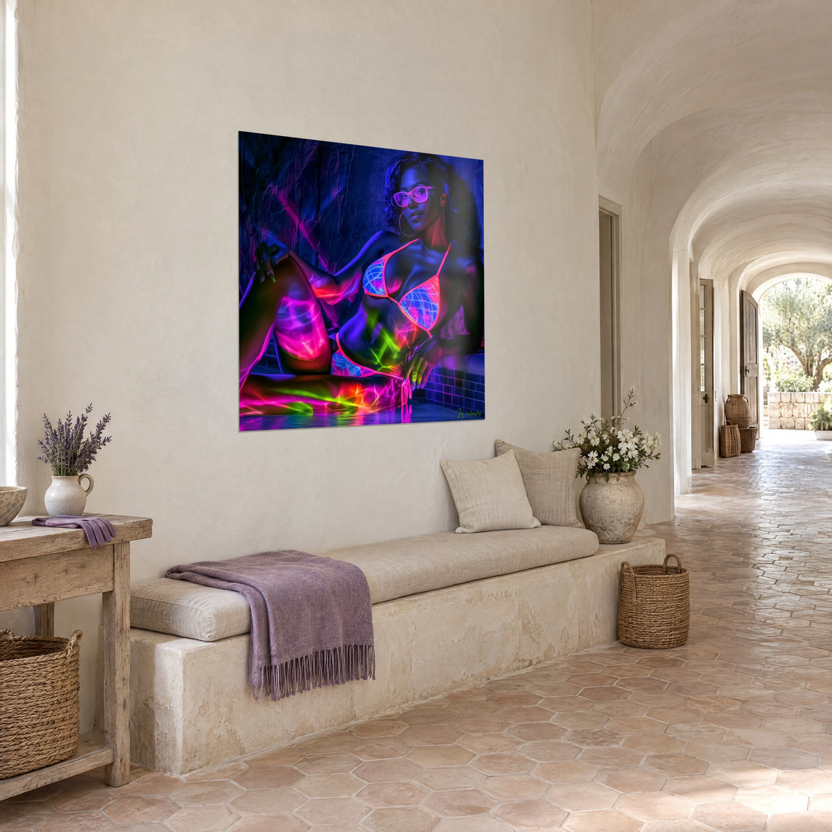 Wall art of a reclining silhouette in fluorescent mesh, vivid pink and acid green glows on dark skin, three-quarter view of a Provençal farmhouse
