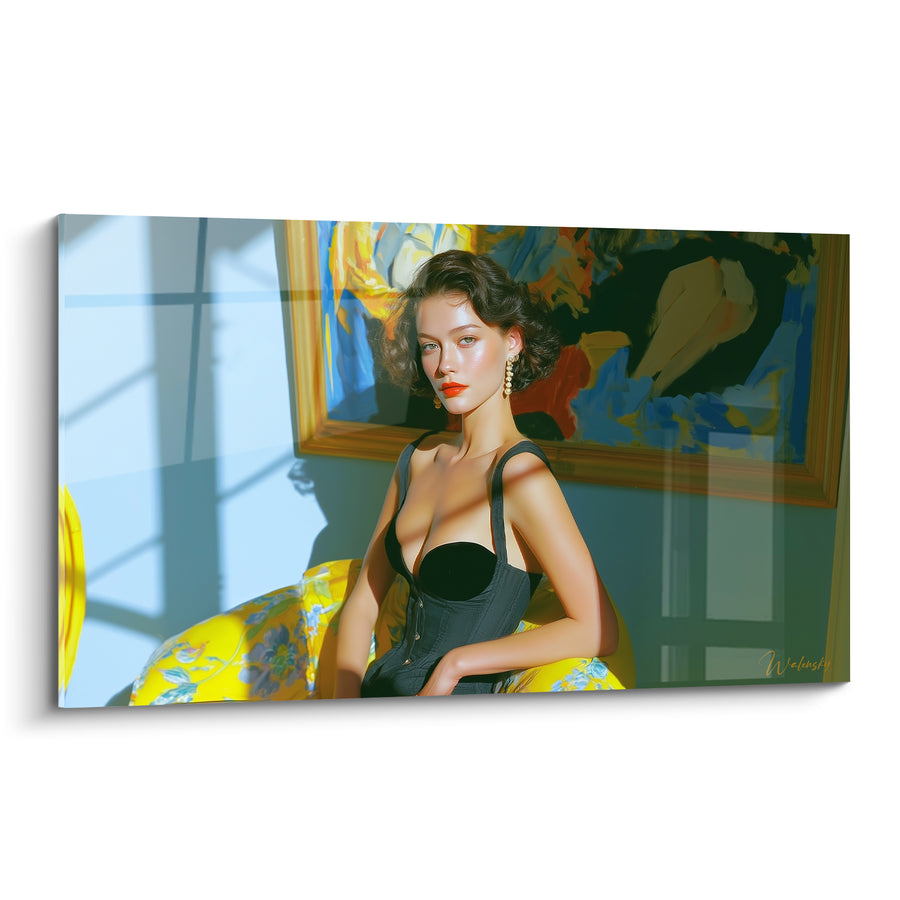 Tableau Femme corset noir fauteuil jaune - Charme assumé - Edition sexy