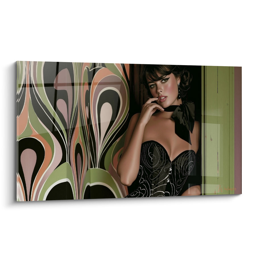 Tableau Femme brune corset noir vert rétro - Confidence retenue - Edition sexy