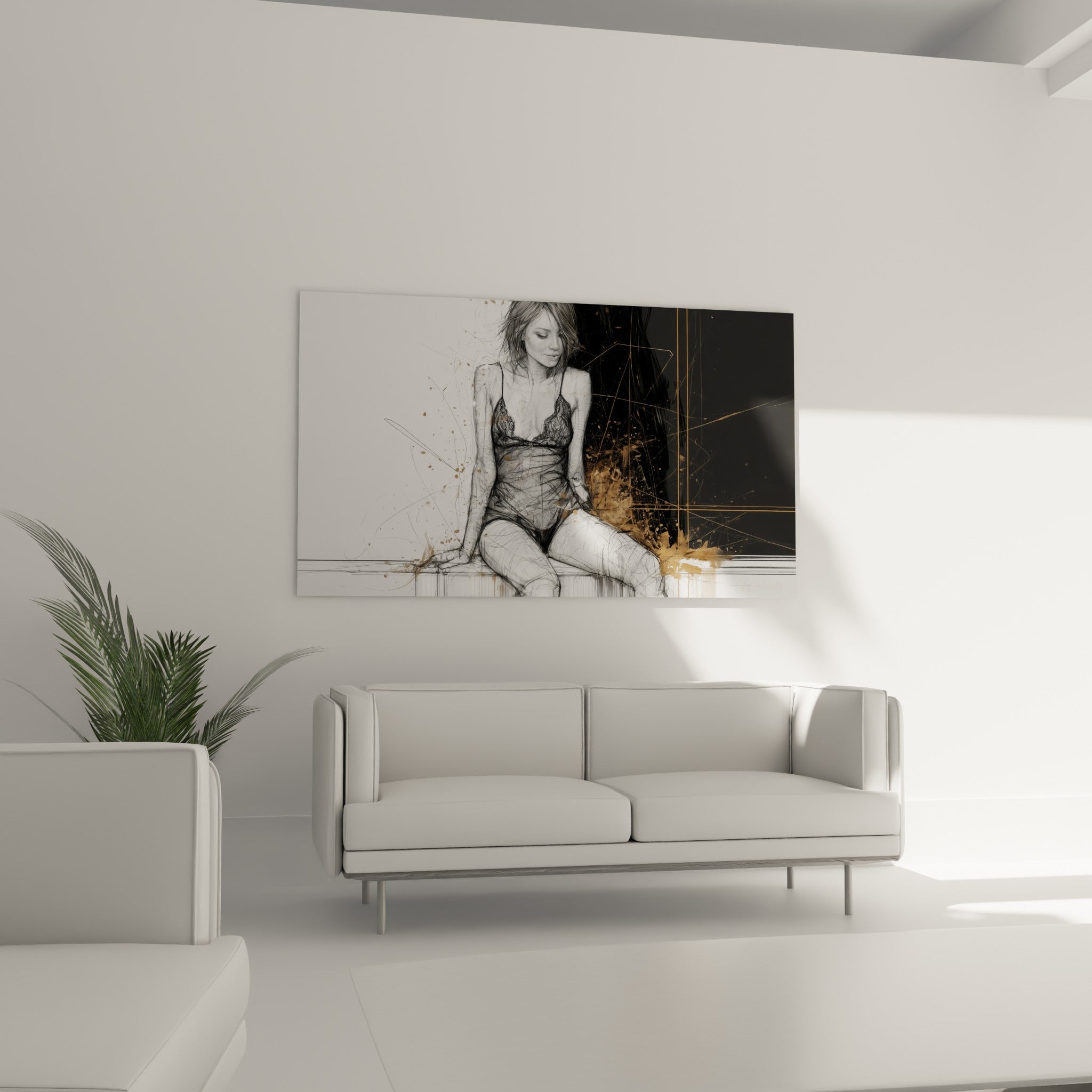 Trait crayonné noir et taches dorées composent cette silhouette sensuelle, au-dessus d'un canapé dans un salon lumineux
