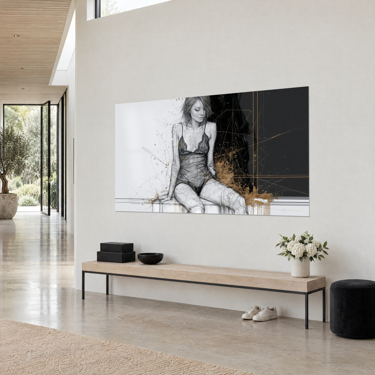 Schilderij zittende silhouet met gekruiste benen in fijne lijnen, zwarte achtergrond met gouden strepen, lichte houten bank en witte bloemen