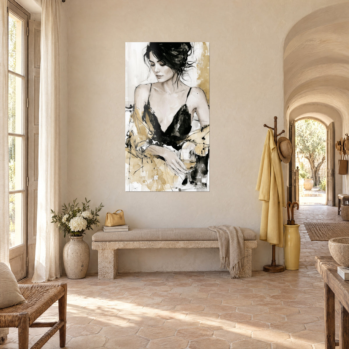 Wall art of a female ink portrait, loose bun of black strands and golden beige wash, three-quarter view in the entrance of a Provençal farmhouse