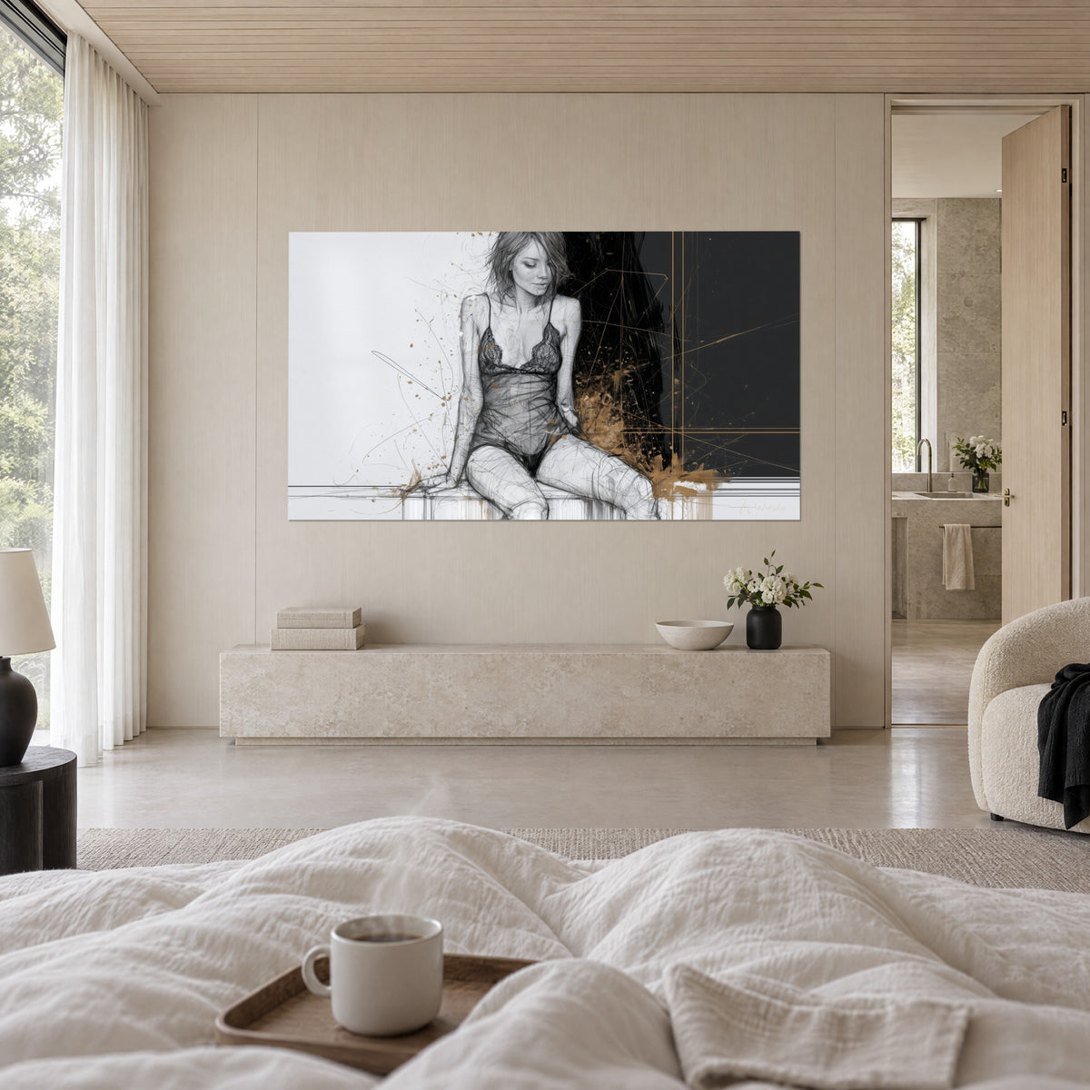 Schilderij dromerige vrouw in zwart kanten body, grijze schets en gouden spatten, boven een bed in een lichte slaapkamer