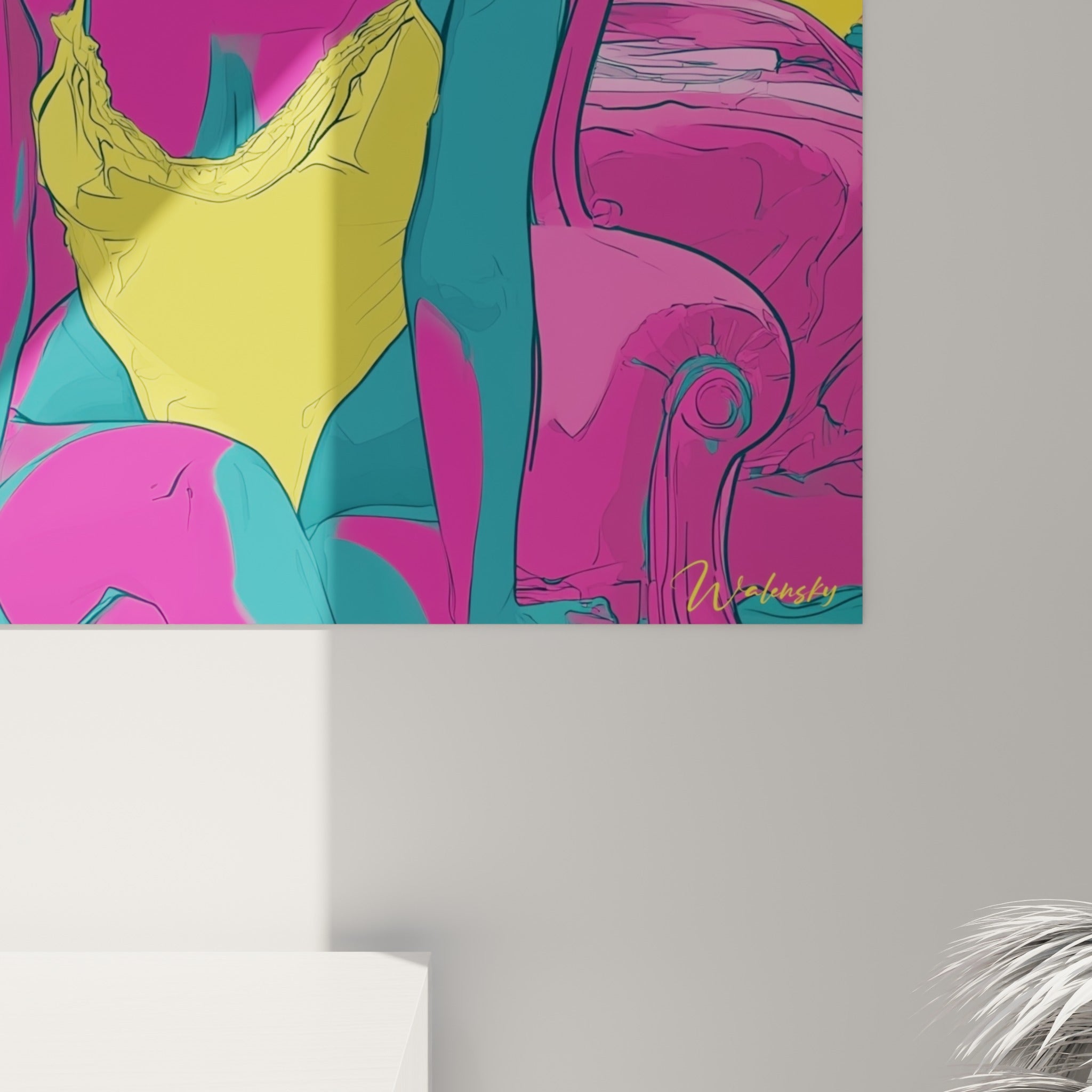 Détail des contours nets et des aplats saturés rose, jaune et bleu pétrole sur la toile accrochée