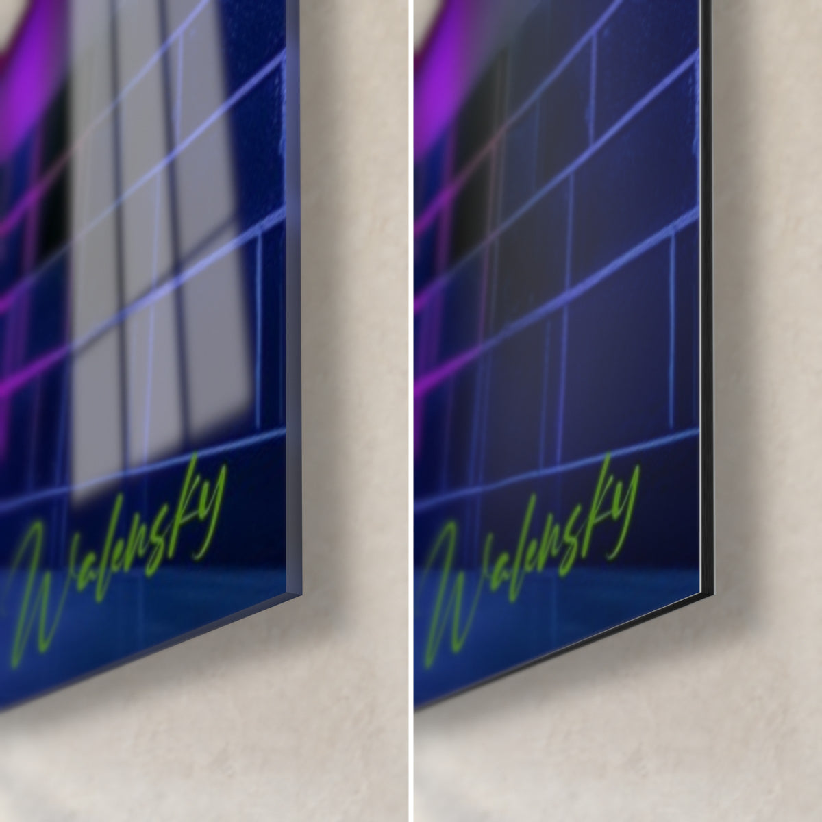 Wall art of a bather in a neon bikini, bottom right corner, midnight blue tiles and green signature, glossy glass and matte Dibond