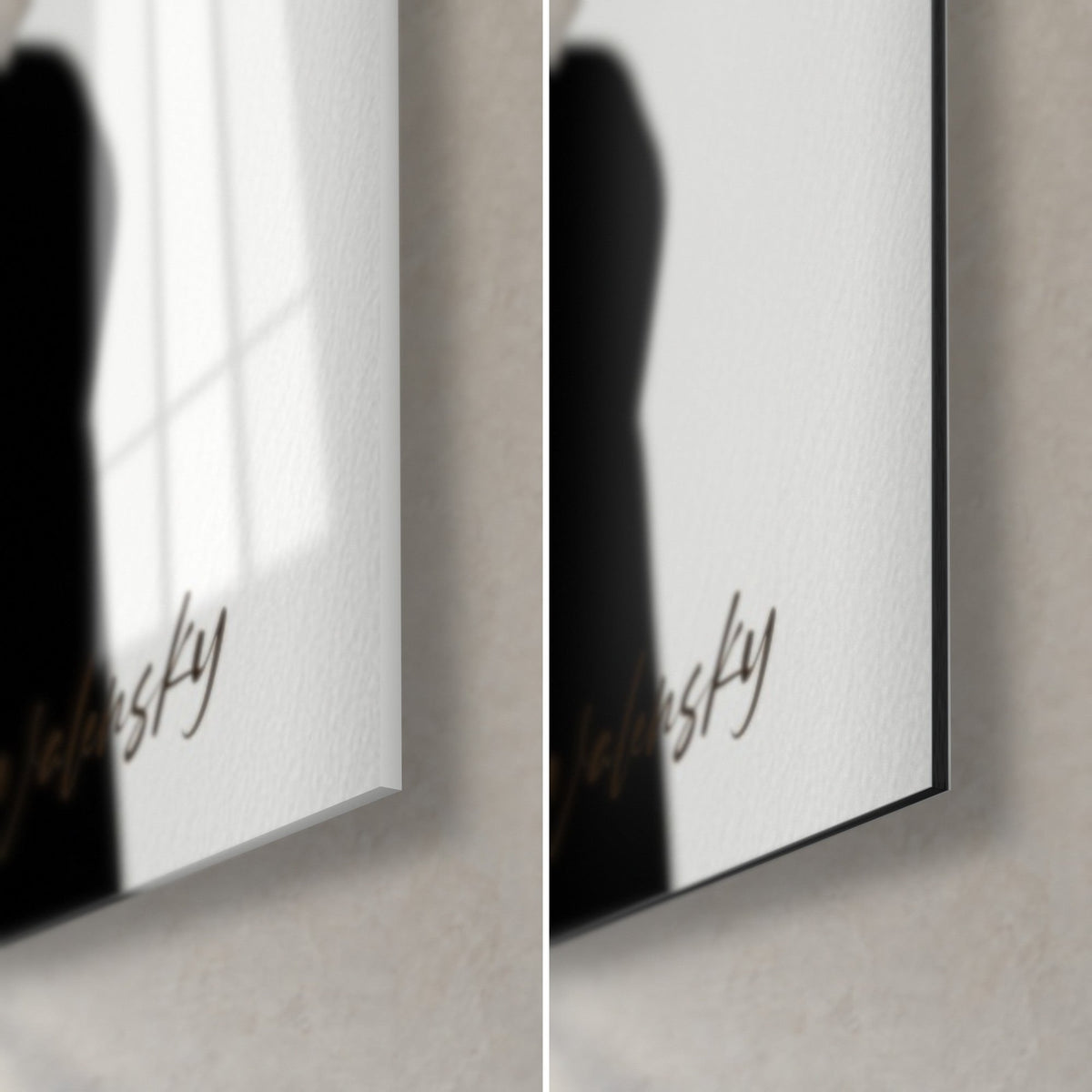 Tableau portrait de femme en robe blanche, coin bas droit : verre acrylique brillant à gauche, Dibond mat à droite, tranche de 3 mm