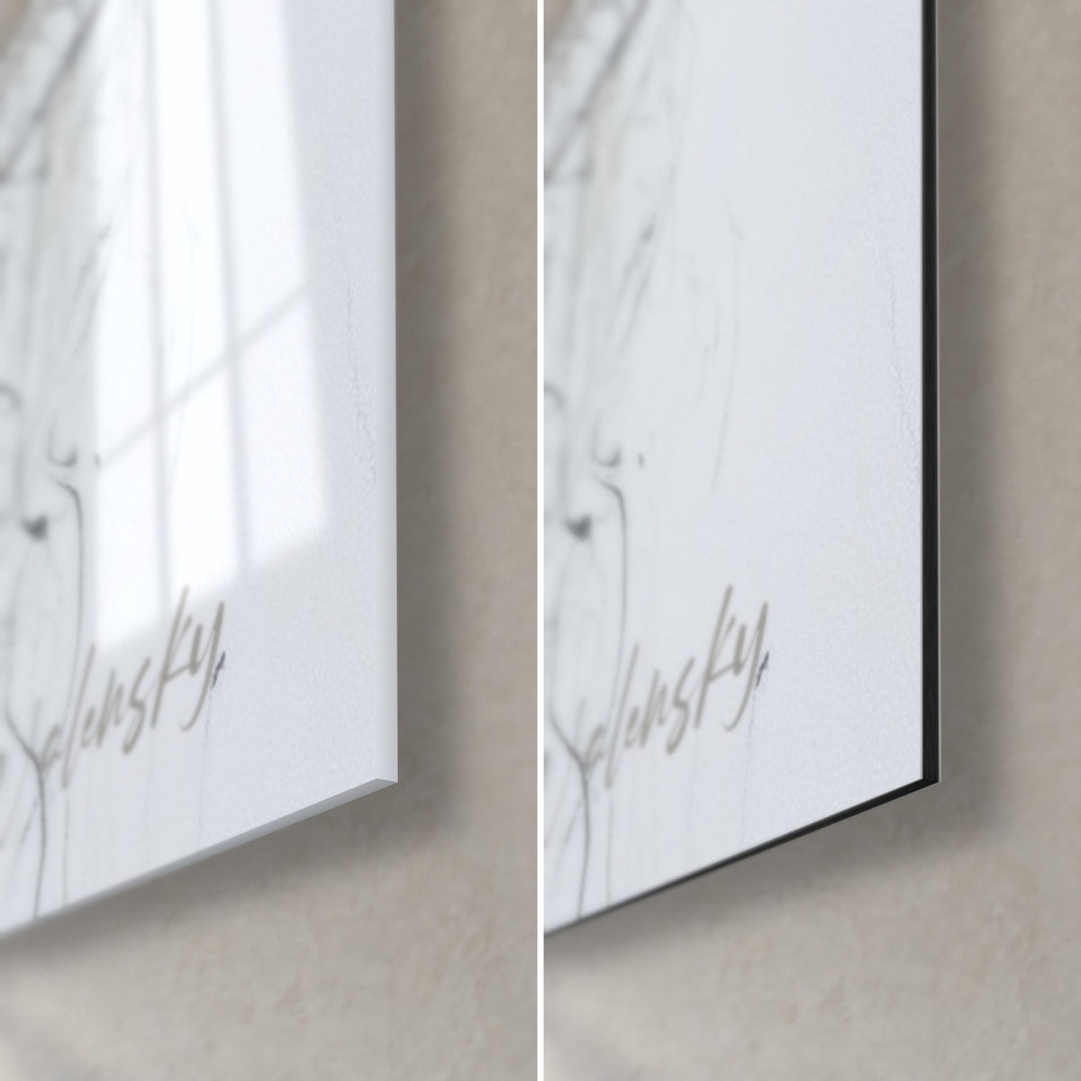 Wall art of a woman in a sheer black chemise, bottom right corner: glossy acrylic glass and matte Dibond, grey signature, 3 mm edge