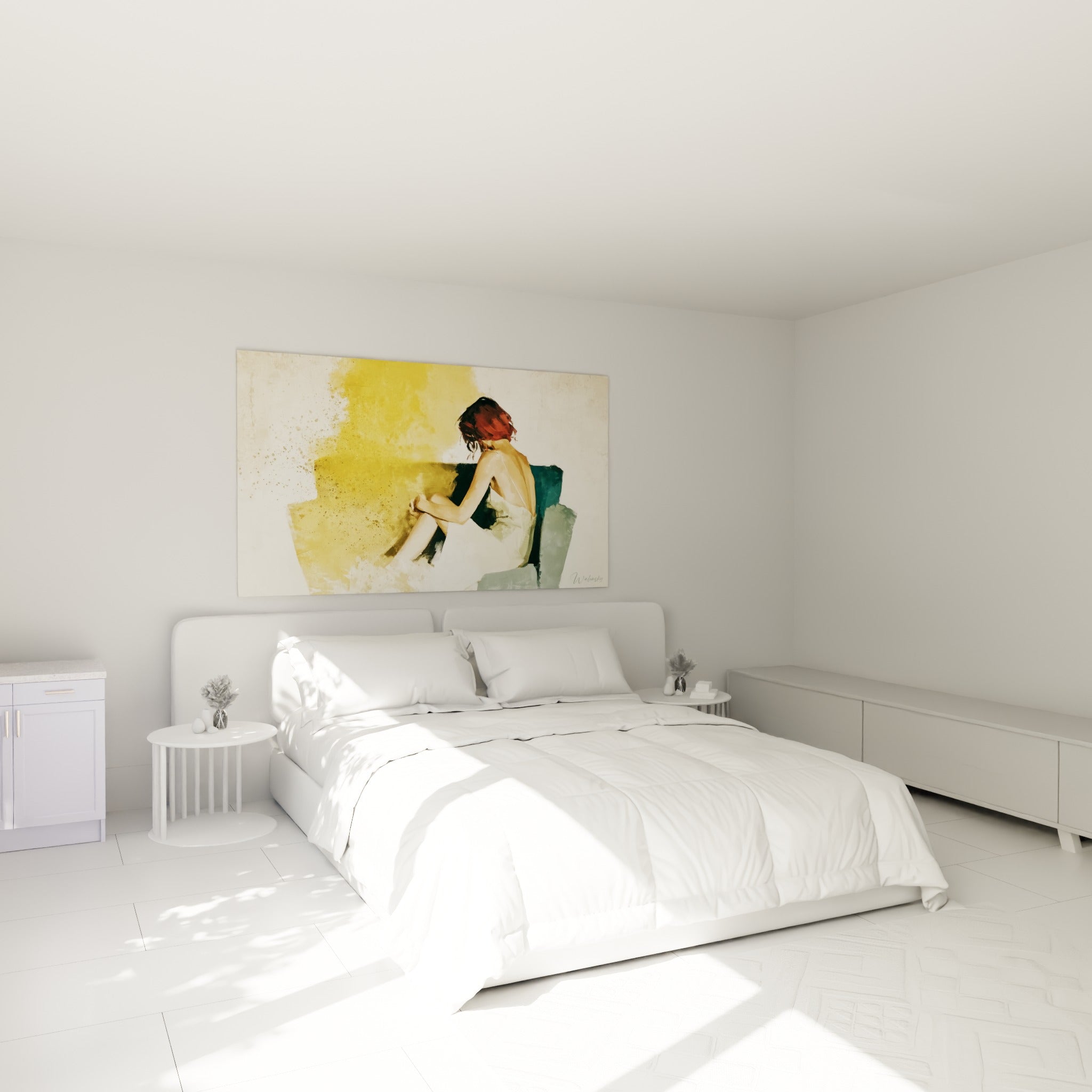 Silhouette rousse repliée sur elle-même, tableau sexy ocre et sarcelle au-dessus d'un lit dans une chambre claire