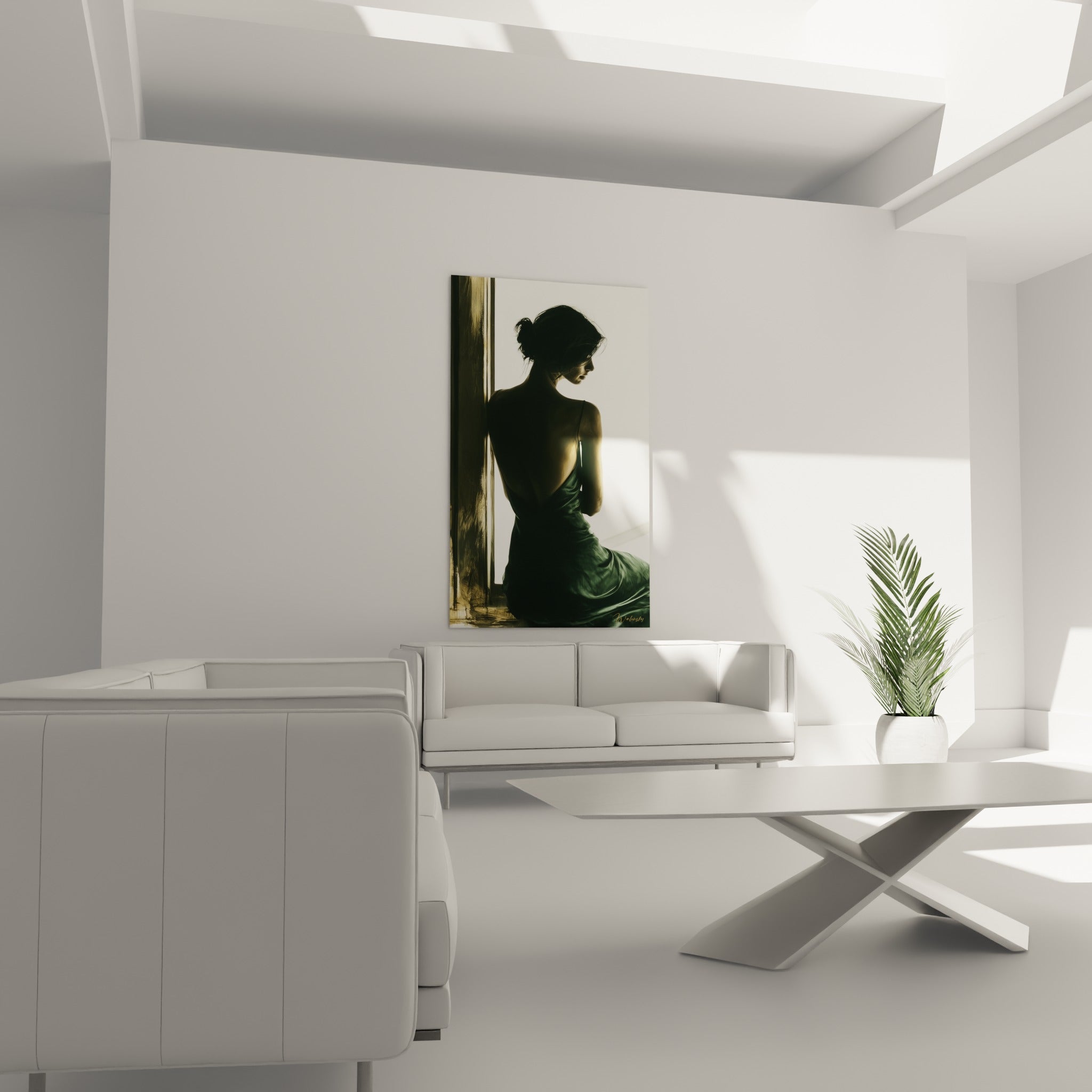 Dos nu féminin sous une robe verte soyeuse aux nuances ambrées, au-dessus d'un canapé dans un salon lumineux