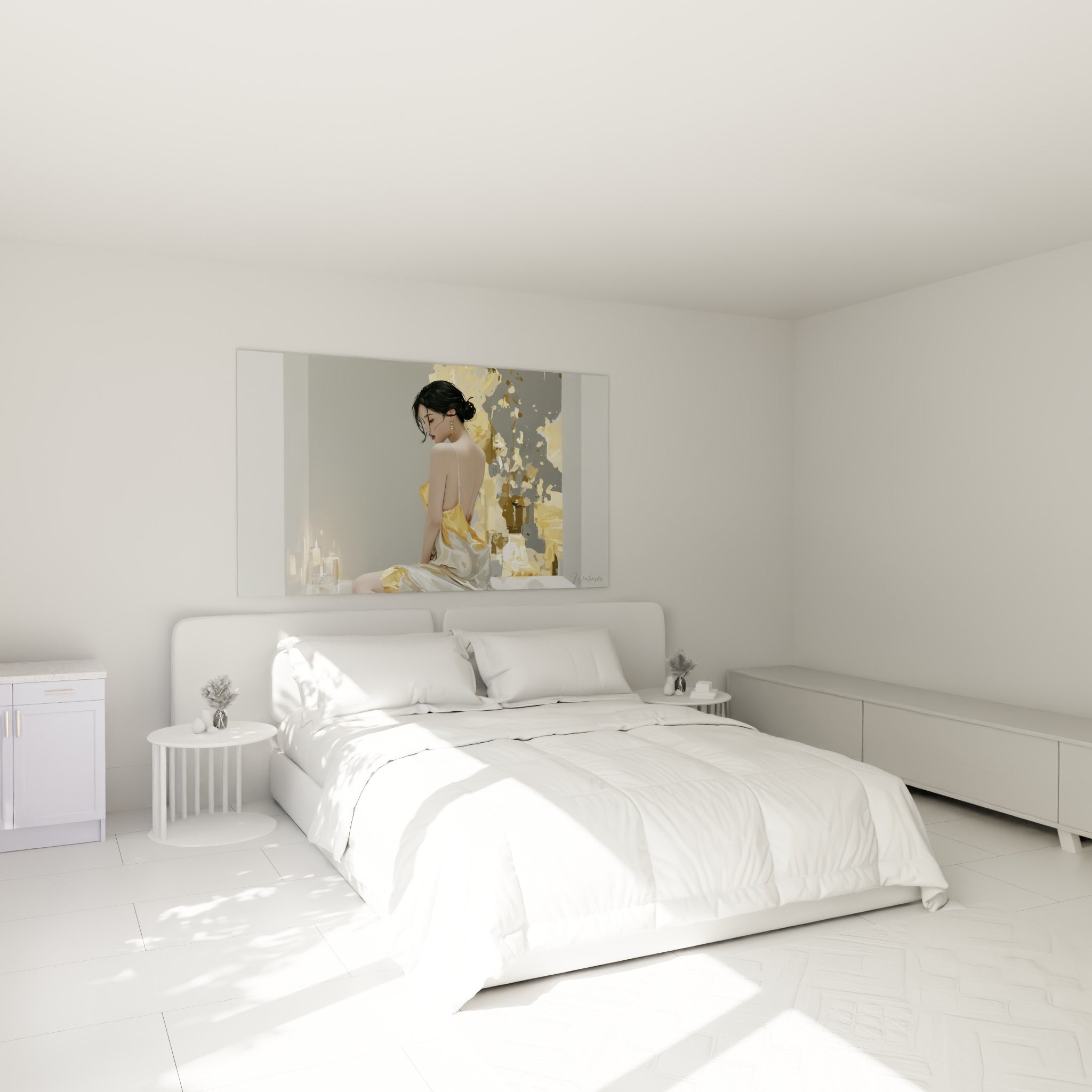 Silhouette féminine voilée d'or et de blanc cassé, au-dessus d'un lit dans une chambre claire
