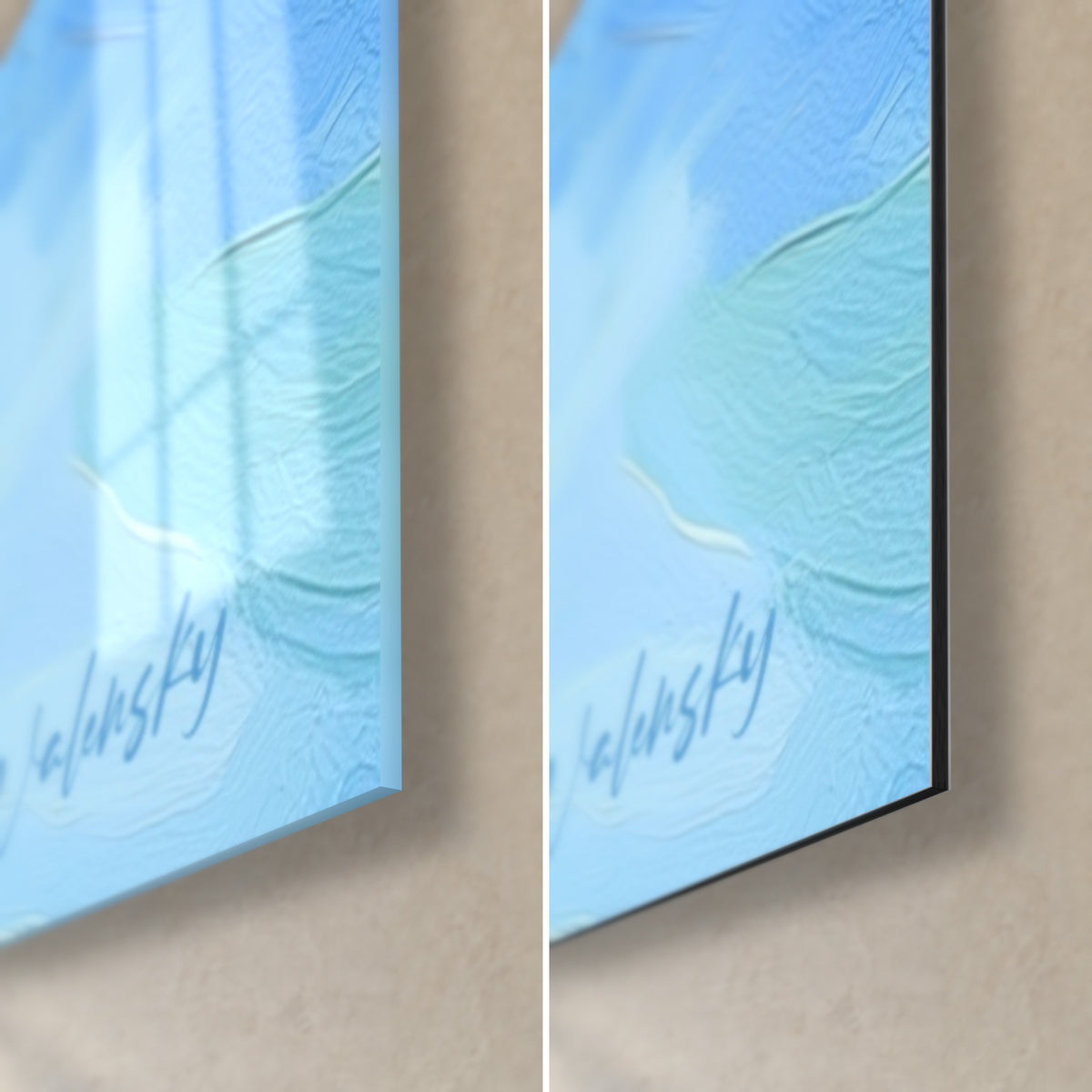 Wall art bather in a striped bikini, bottom right corner, light blue reflections from brilliant glass and matte black Dibond, 3 mm edge