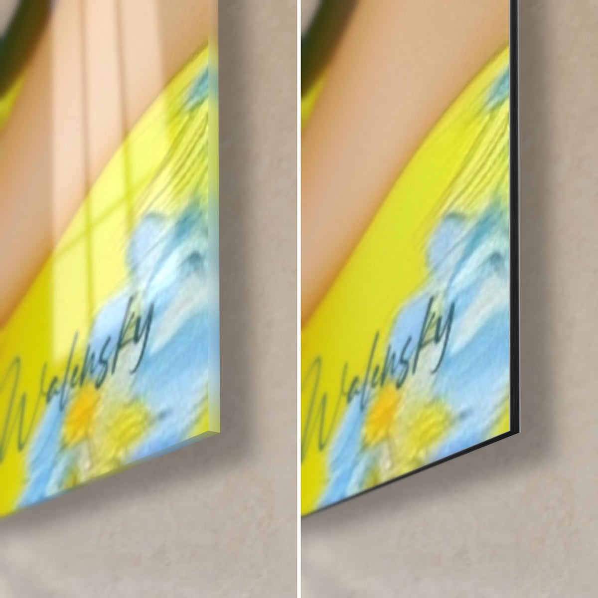 Cuadro retrato femenino, firma Walensky verde sobre fondo amarillo y azul, esquina de cristal brillante y aluminio Dibond mate, canto de 3 mm