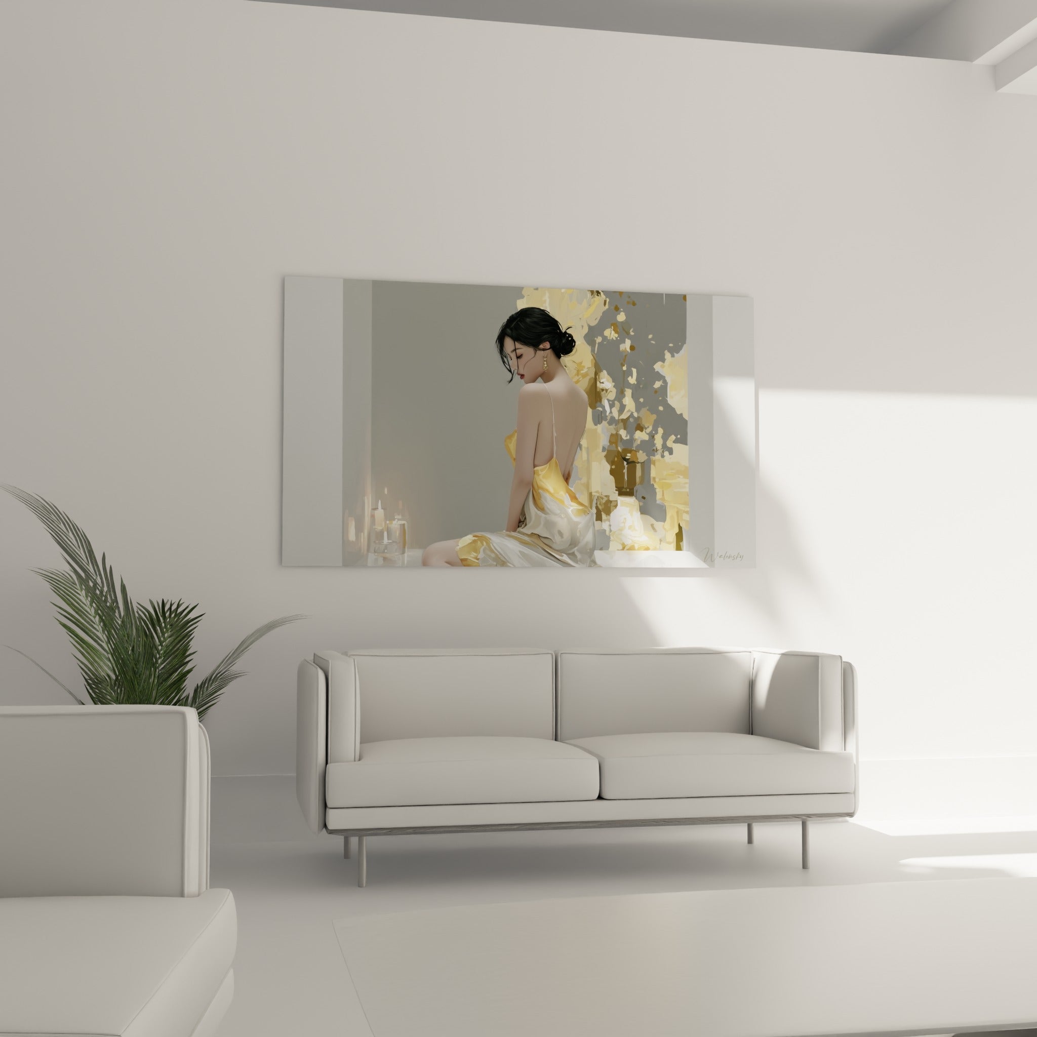 Épaule dénudée sous tissu doré et gris perle, au-dessus d'un canapé dans un salon lumineux