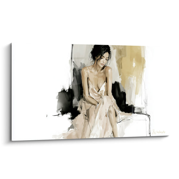 Tableau Femme assise en robe beige nude - Instant de pudeur - Edition sexy