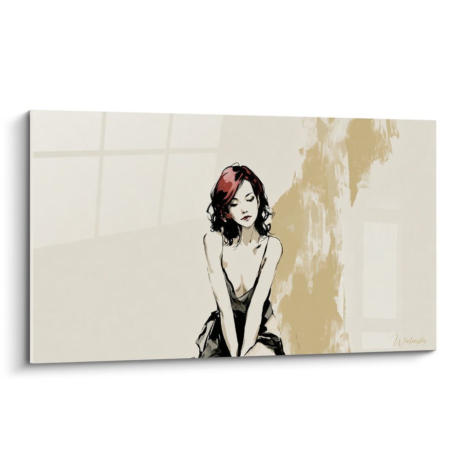 Tableau Femme assise en robe noire ivoire et beige - Fenêtre à croisillons - Edition sexy