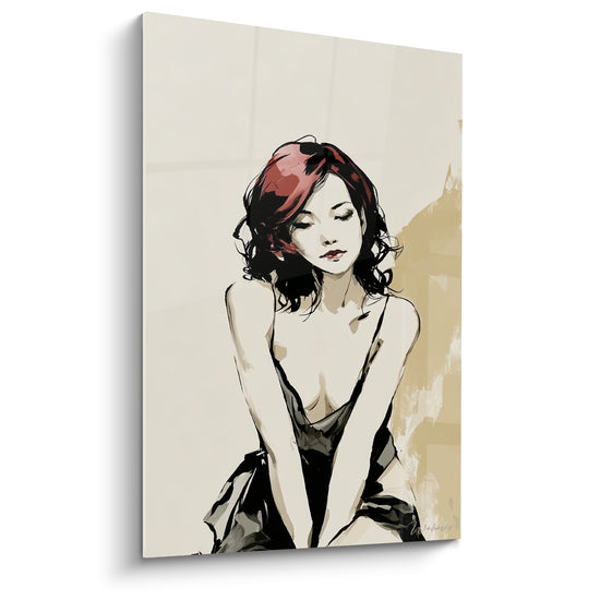 Tableau Femme rousse en robe noire genoux serrés - Regard baissé mèches bouclées - Edition sexy