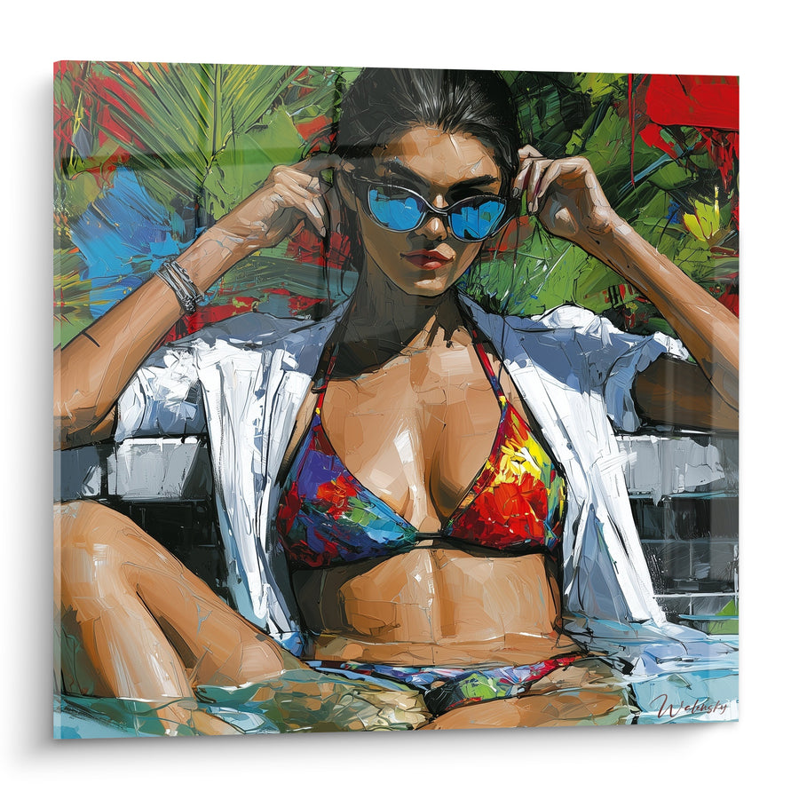 Tableau Femme en bikini fleuri au bord d'une piscine - Pause estivale - Edition sexy