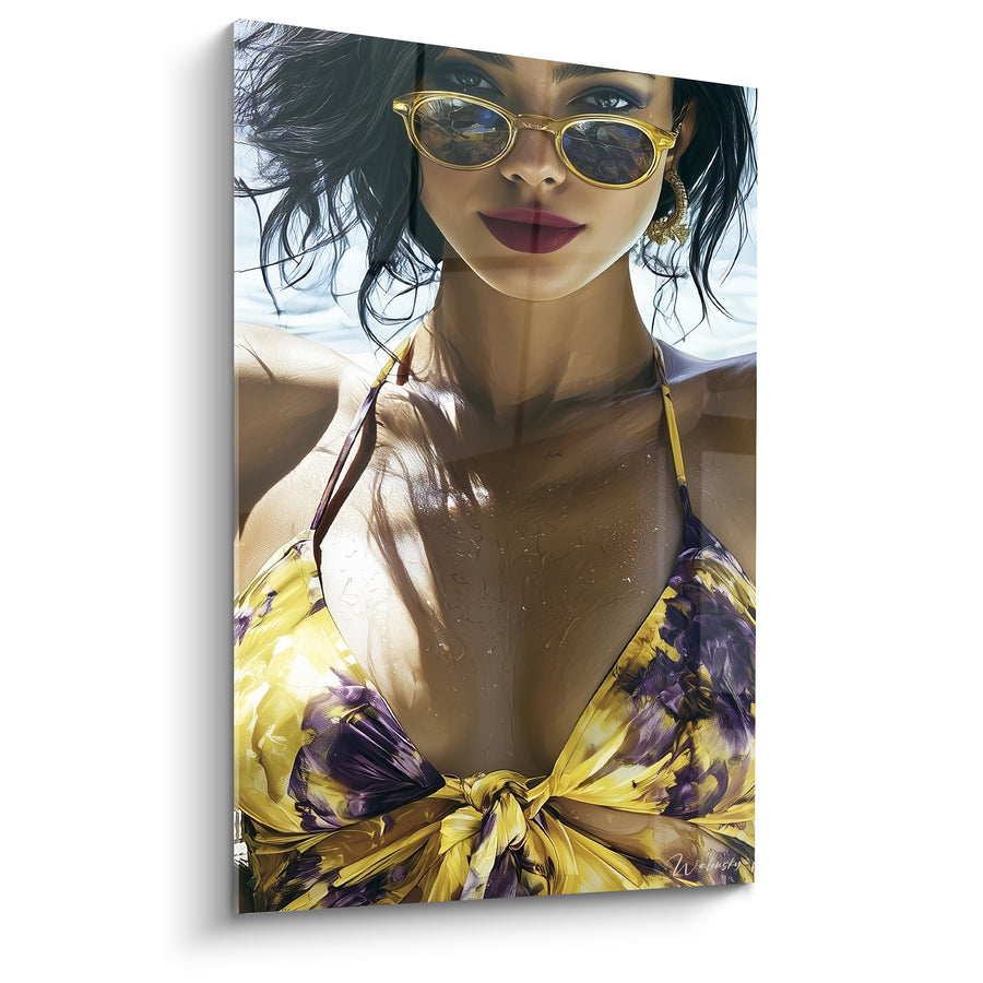 Tableau Femme lunettes dorées bikini jaune violet - Éveil sous le soleil - Edition sexy