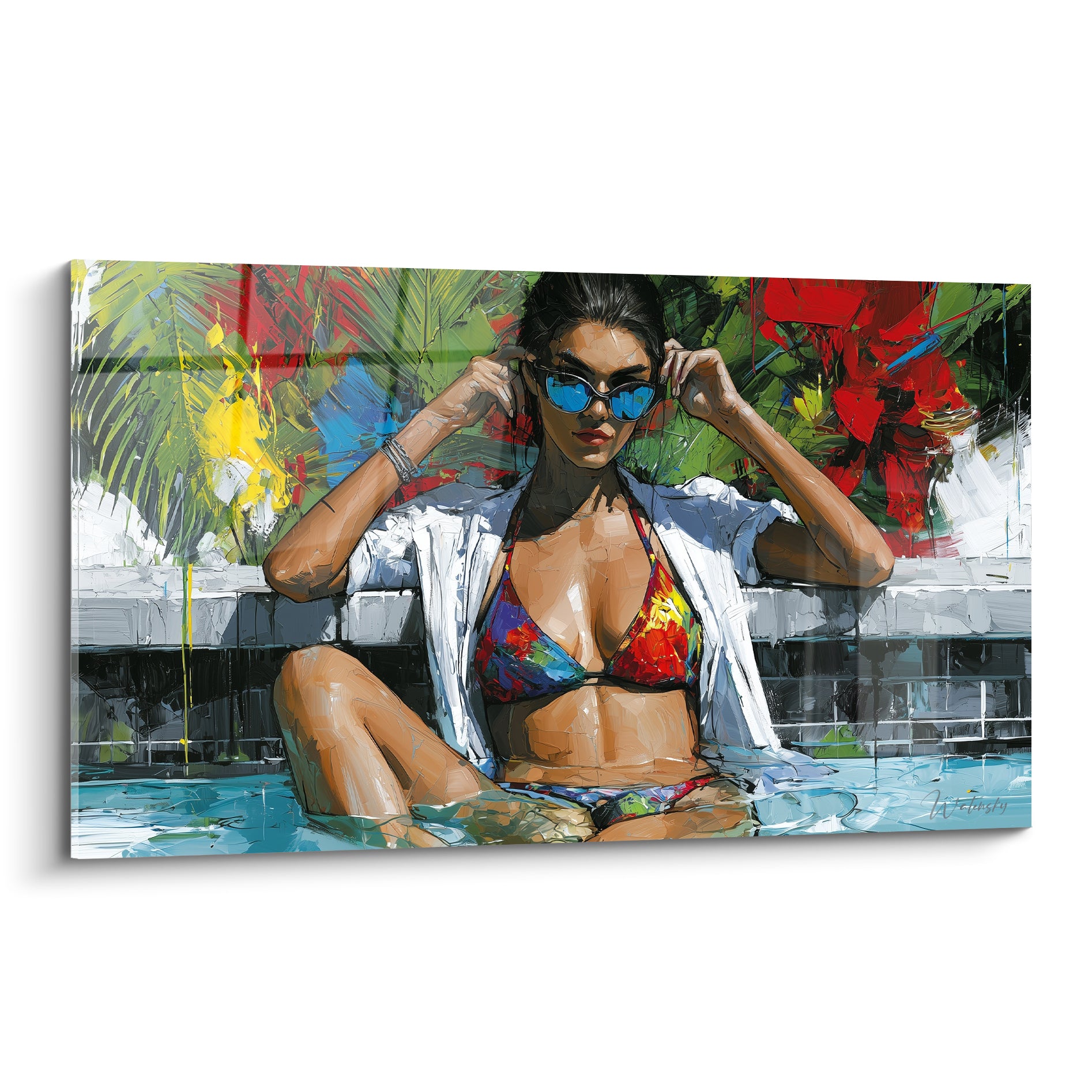 Femme aux lunettes bleues et bikini rouge assise au bord d'une piscine turquoise