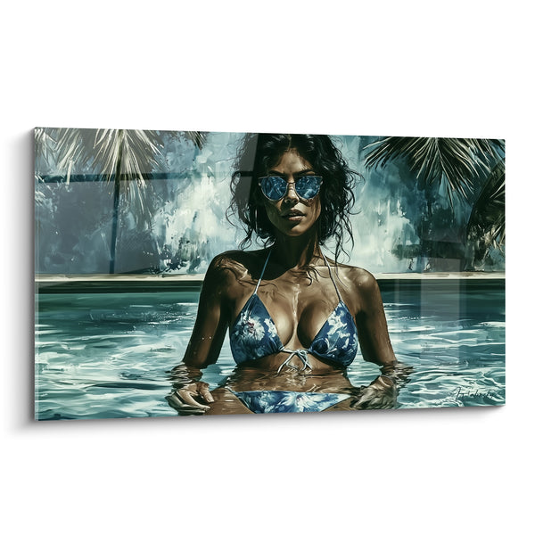 Tableau Femme bikini fleuri piscine turquoise palmiers - Nonchalance tropicale - Edition sexy