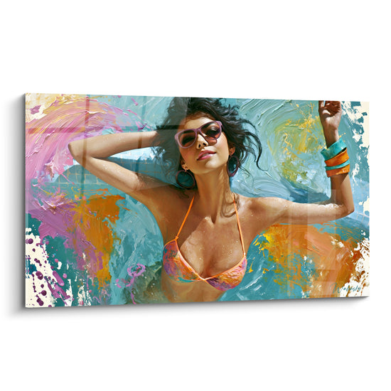 Femme aux lunettes roses et bikini turquoise, coiffure brune, touches orange picturales