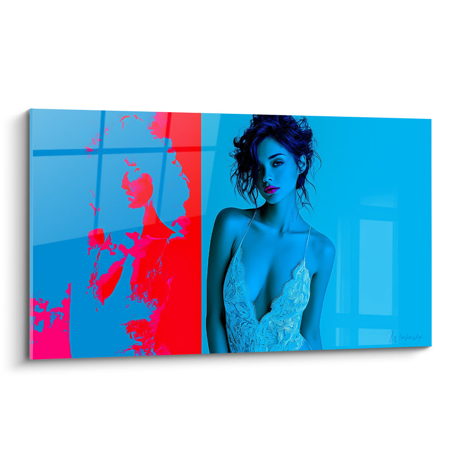Tableau Femme en robe dentelle bleu et rouge - Double présence électrique - Edition sexy