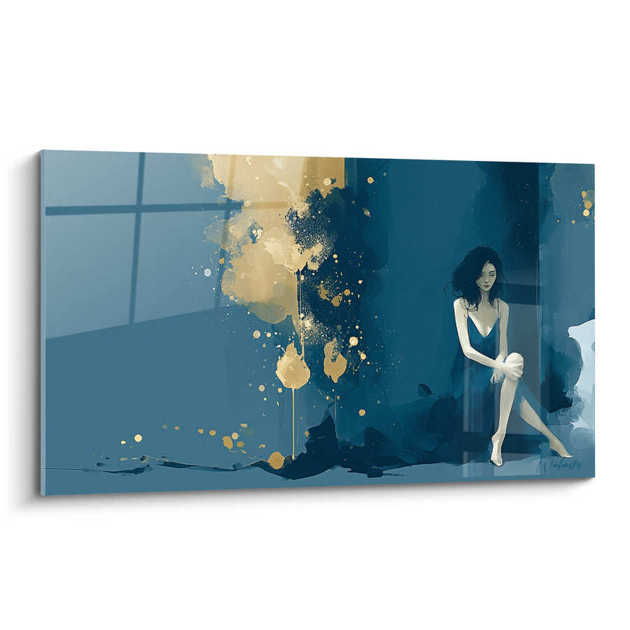 Tableau Femme assise en nuisette bleu nuit doré - Solitude contemplative - Edition sexy