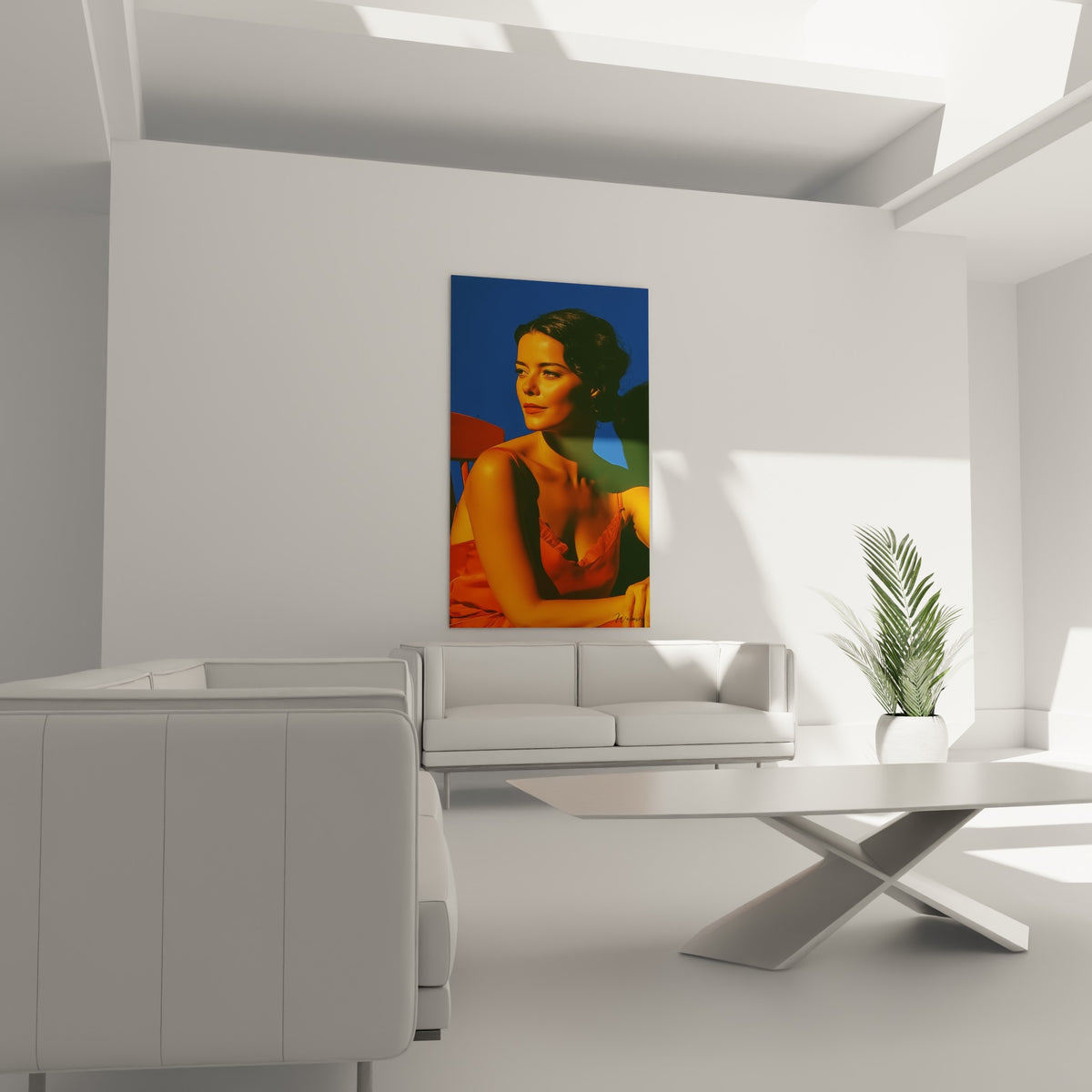 Portrait doré aux nuances orange et bleu nuit accroché au-dessus d'un canapé dans un salon lumineux