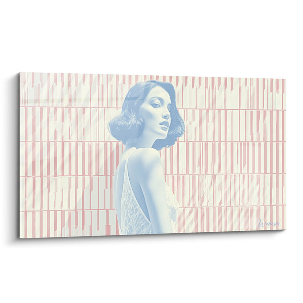 Tableau Femme bleu poudré et rose rayé - Élégance suspendue - Edition sexy