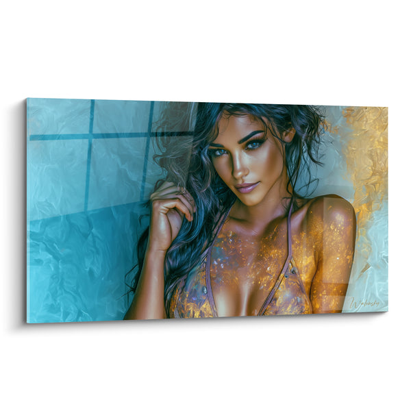Tableau Femme brune aux reflets bleus et dorés - Regard suspendu - Edition sexy