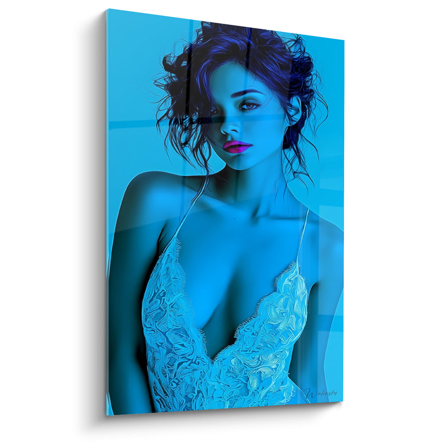 Tableau Femme bleue aux lèvres roses vives - Regard nocturne - Edition sexy