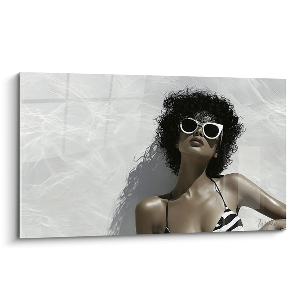 Tableau Femme bouclée aux lunettes blanches et noires - Éveil solaire - Edition sexy