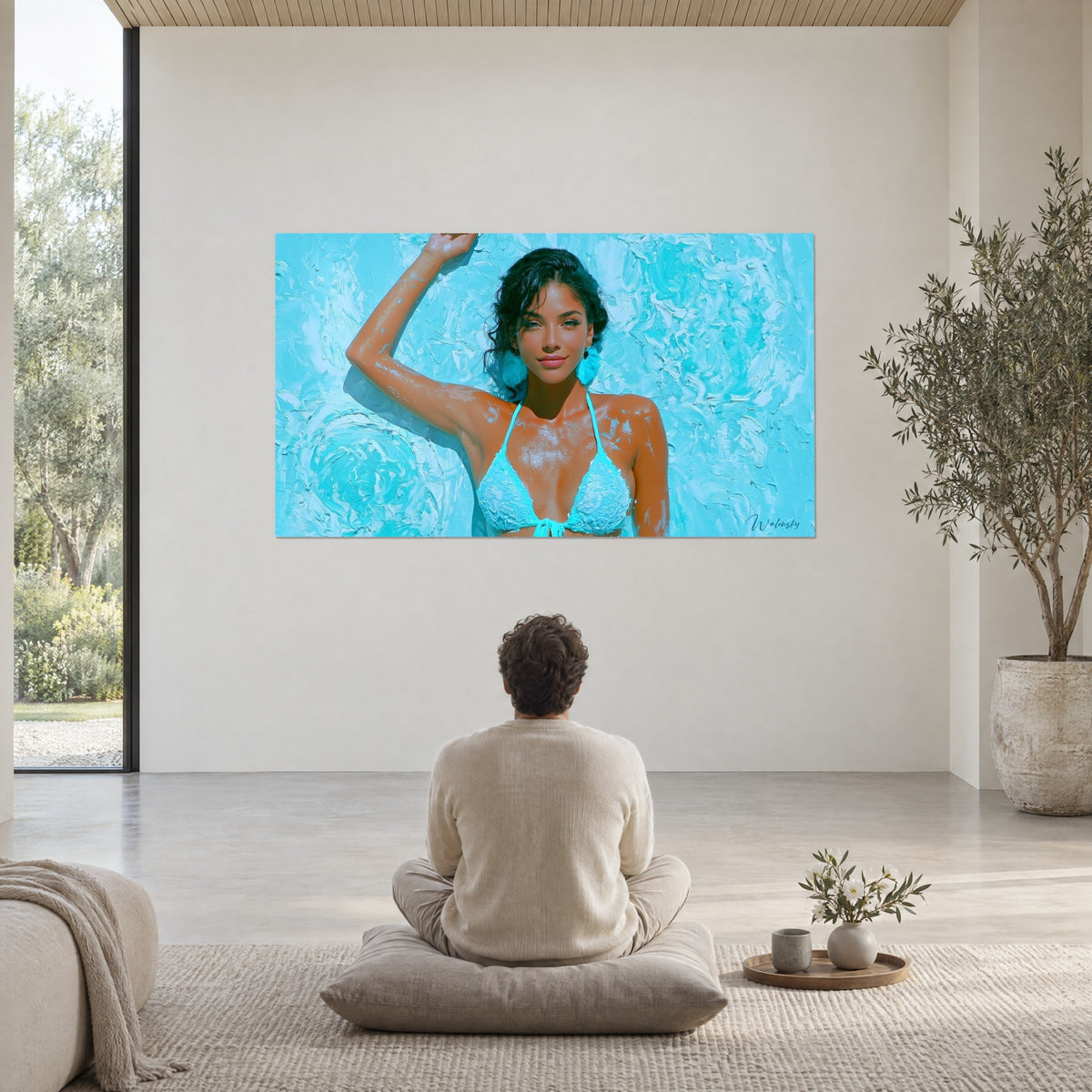 Tableau silhouette féminine hâlée sur fond de vagues peintes turquoise et blanc, regard lumineux, un homme de dos assis en tailleur dans un salon