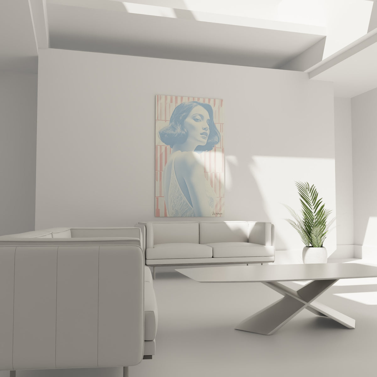 Chevelure ondulée et peau nacrée en dégradés de bleu glacé, au-dessus d'un canapé dans un salon lumineux