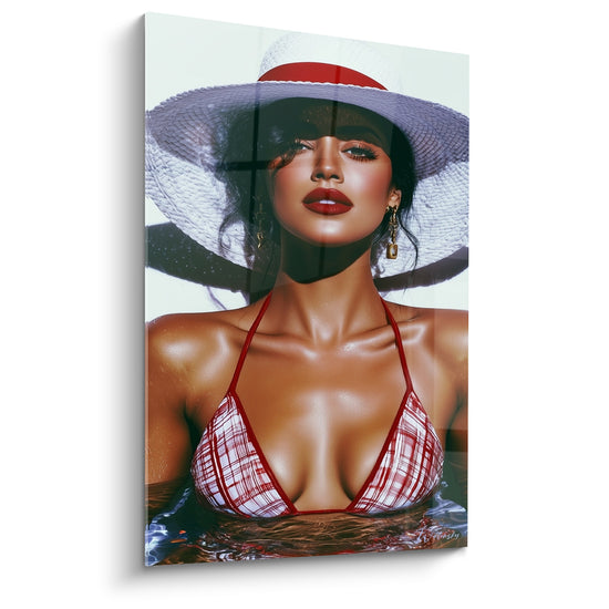 Tableau Femme au chapeau blanc et bikini rouge - Bain de séduction - Edition sexy