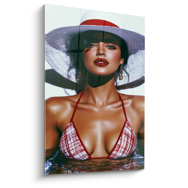 Tableau Femme au chapeau blanc et bikini rouge - Bain de séduction - Edition sexy