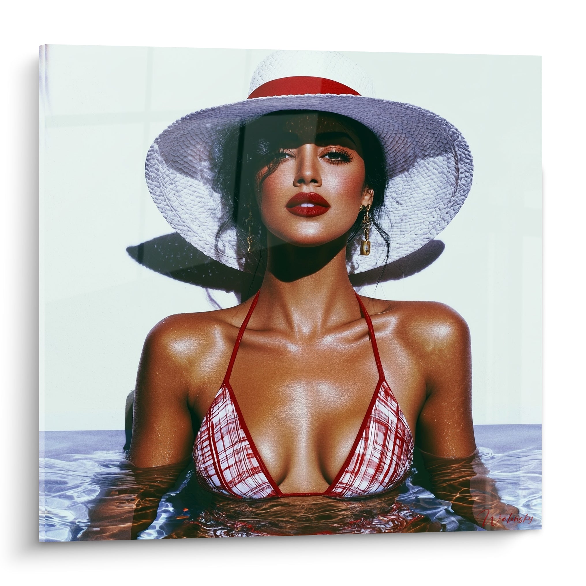 Femme au chapeau blanc et bikini rouge à motifs, plongée dans une eau bleu marine scintillante