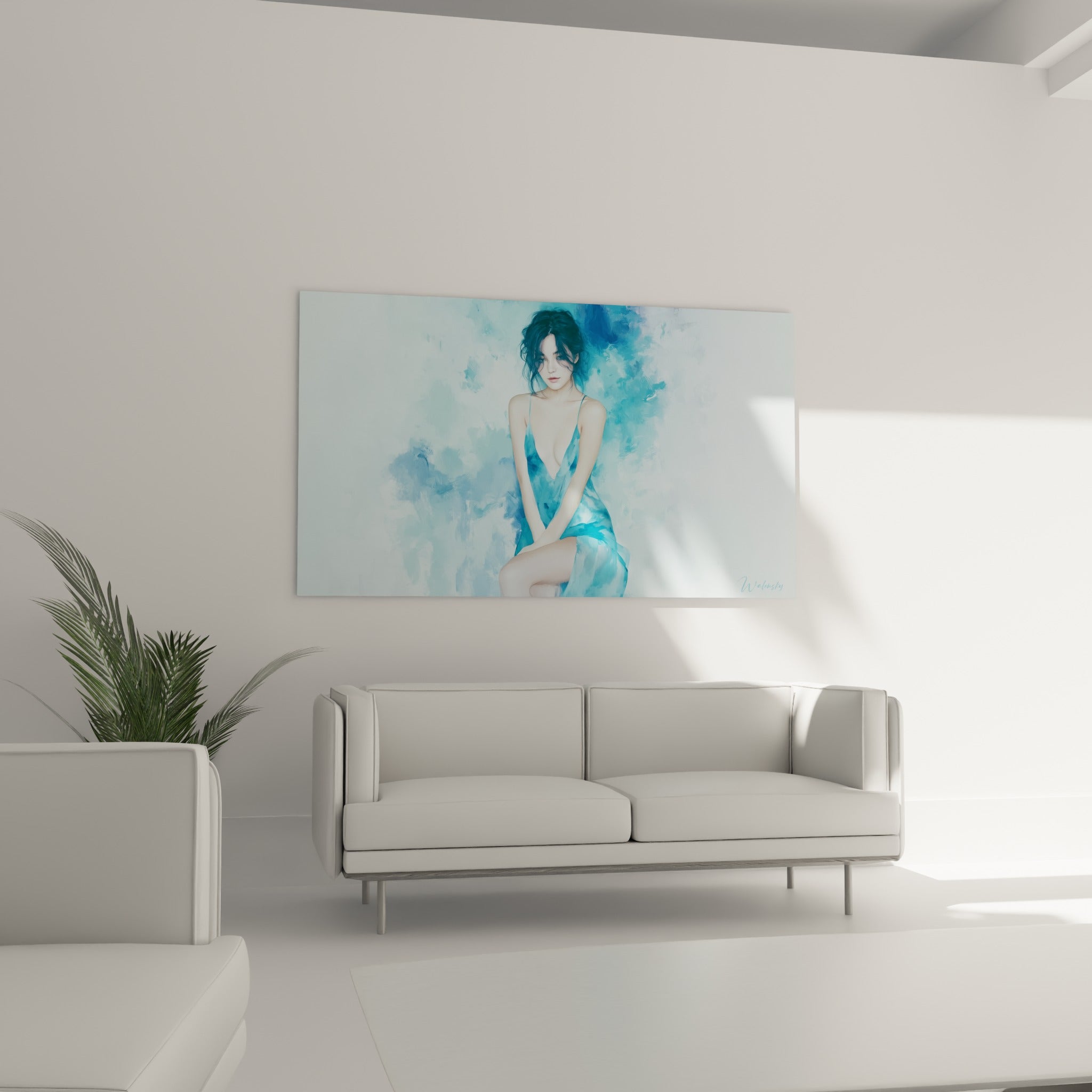 Portrait sensuel d'une femme en robe turquoise décolletée, au-dessus d'un canapé dans un salon lumineux