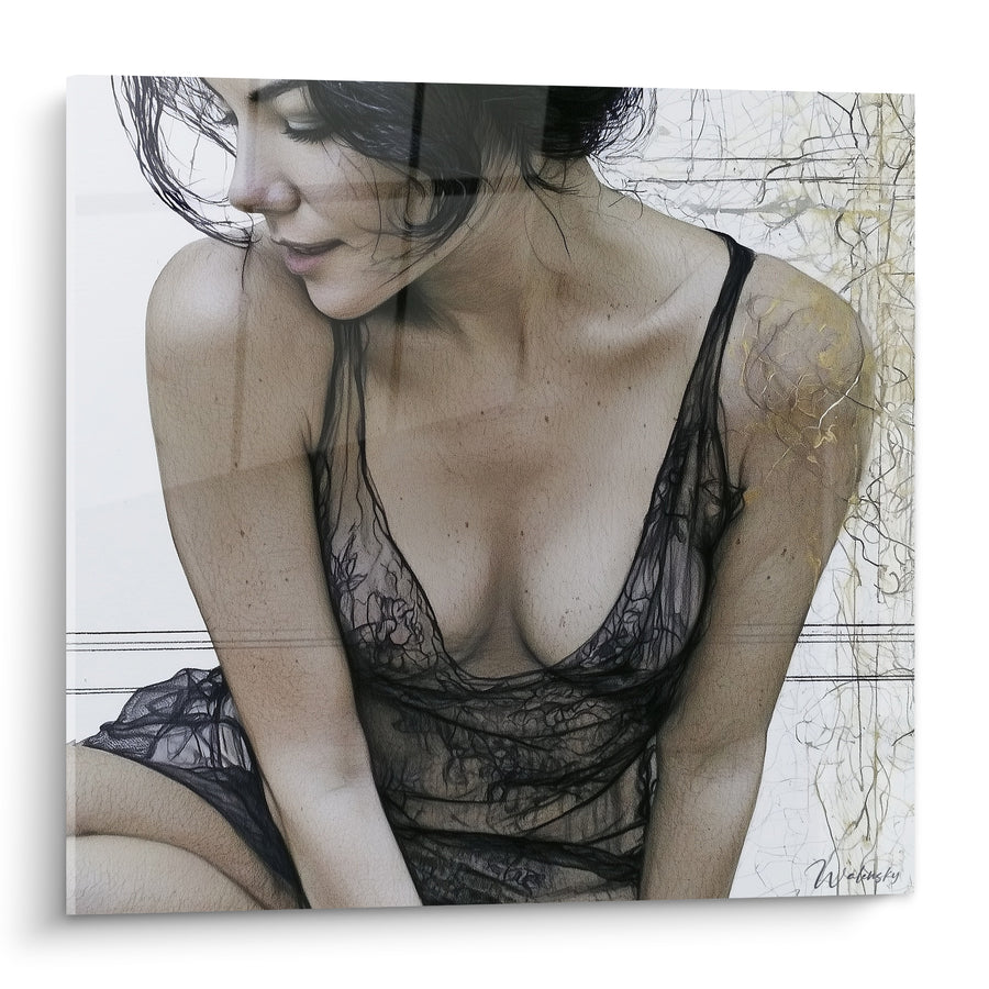 Tableau Femme brune en dentelle noire assise - Songe intime - Edition sexy