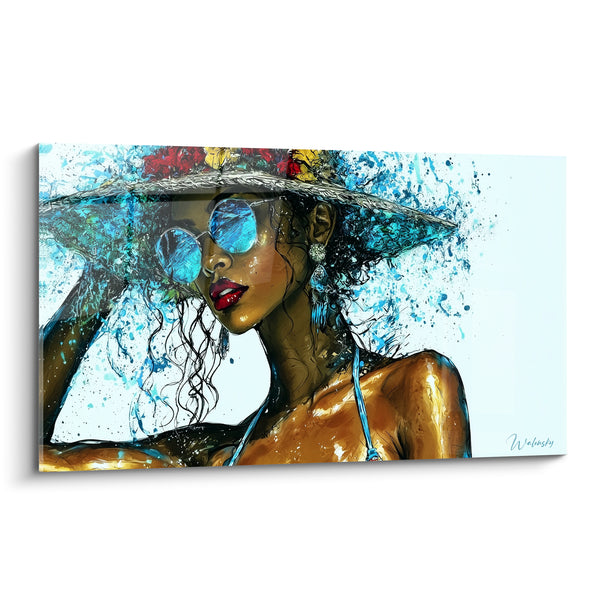 Tableau Femme au chapeau doré et bleu - Éclaboussure d'été - Edition sexy