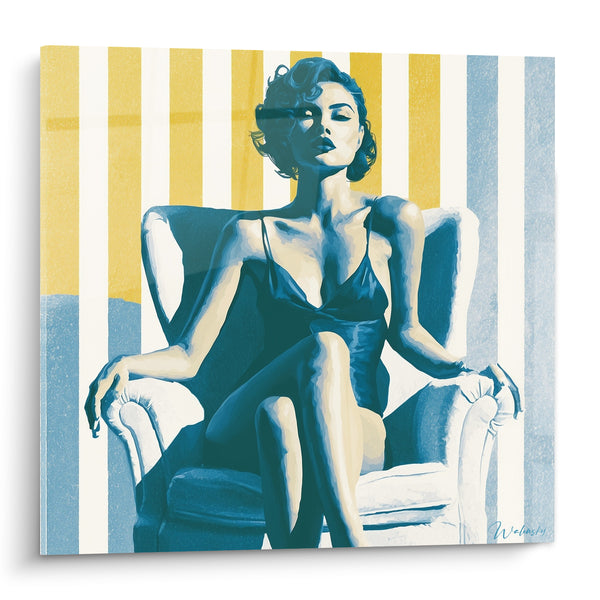 Tableau Femme assise en robe bleue et jaune - Attitude affirmée - Edition sexy