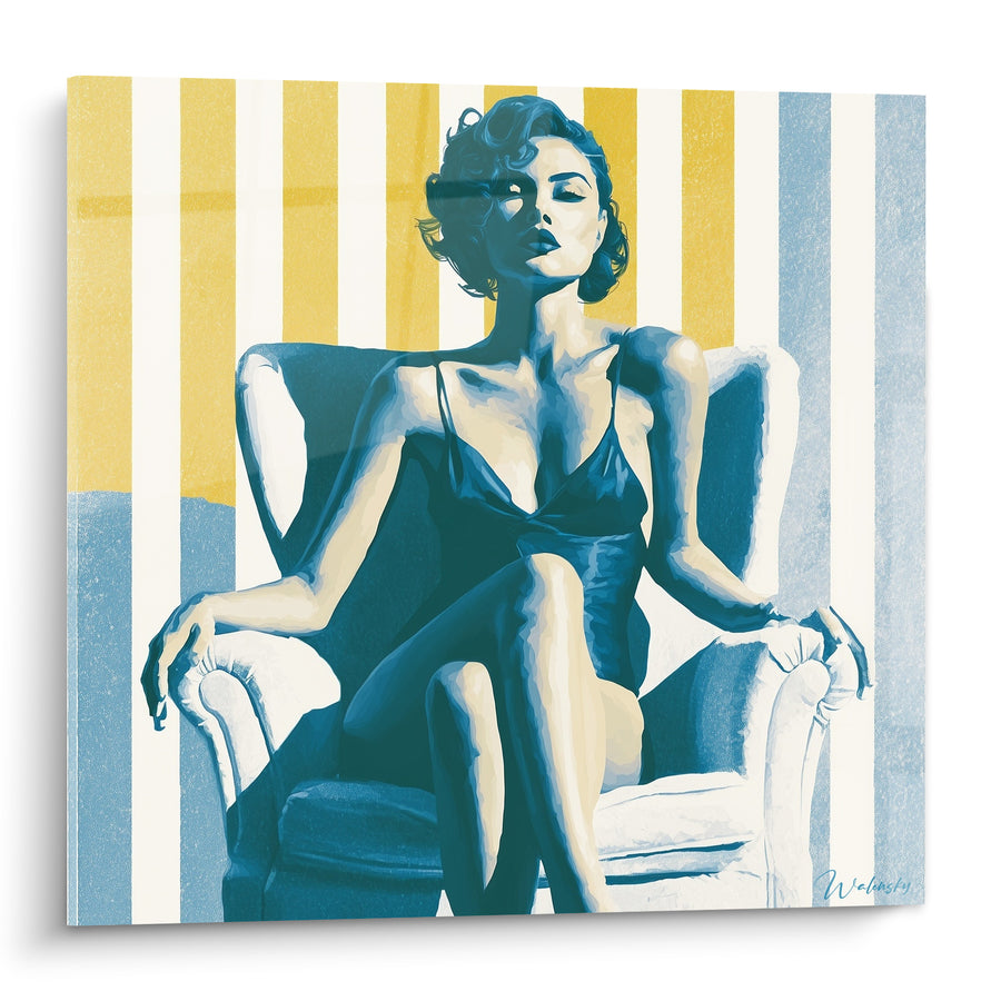 Tableau Femme assise en robe bleue et jaune - Attitude affirmée - Edition sexy