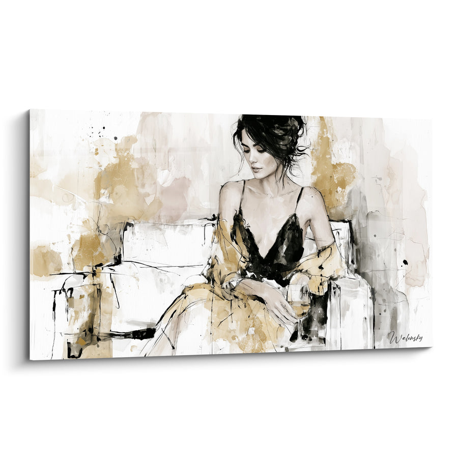 Tableau Femme assise en noir et doré - Songe suspendu - Edition sexy