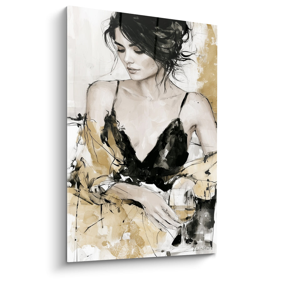 Tableau Nuisette noire et beige verre à pied - Regard baissé mèches noires - Edition sexy