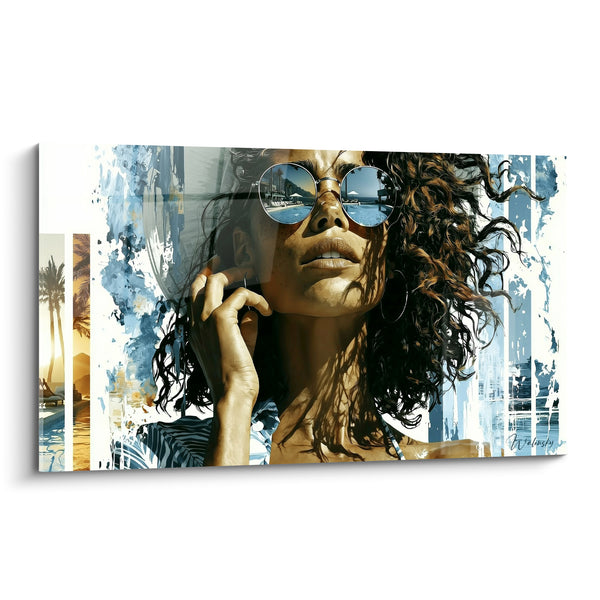 Tableau Femme aux lunettes rondes bleu et ocre - Souvenir de plage - Edition sexy