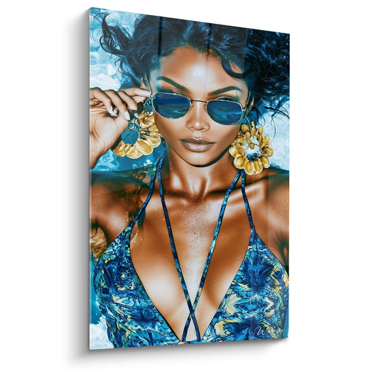 Tableau Boucles d'oreilles florales dorées et bleues - Lunettes miroir hexagonales - Edition sexy