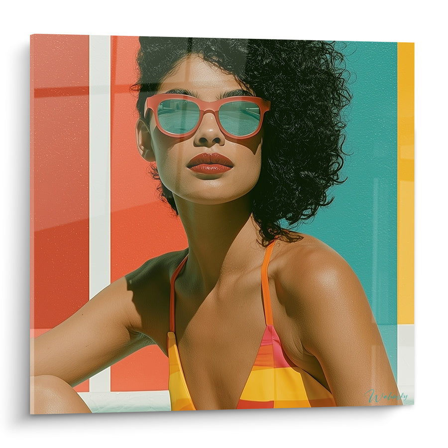 Tableau Femme lunettes corail fond bicolore - Éclat de plage - Edition sexy